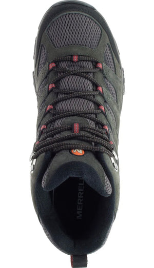 Black hiking shoe with red accents on a white background