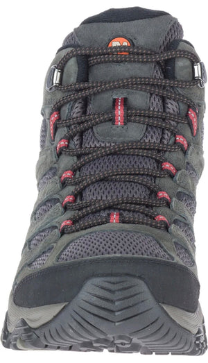 Gray hiking boot with red accents on a white background