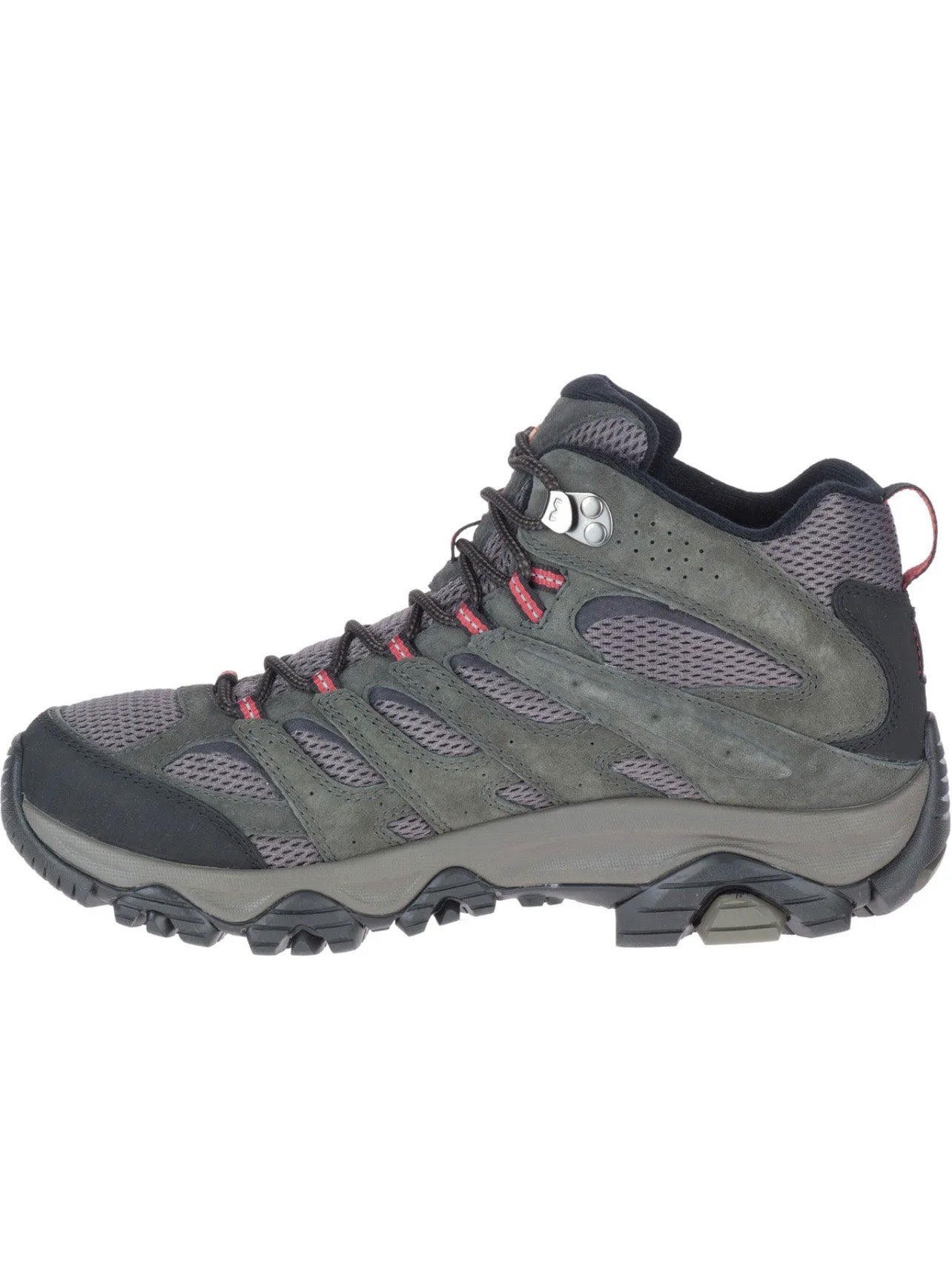 Gray hiking boot with black sole on a white background