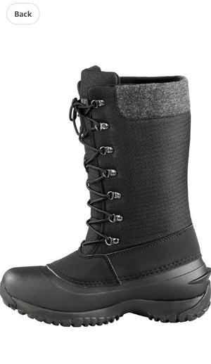 Black winter boot with gray lining on a white background
