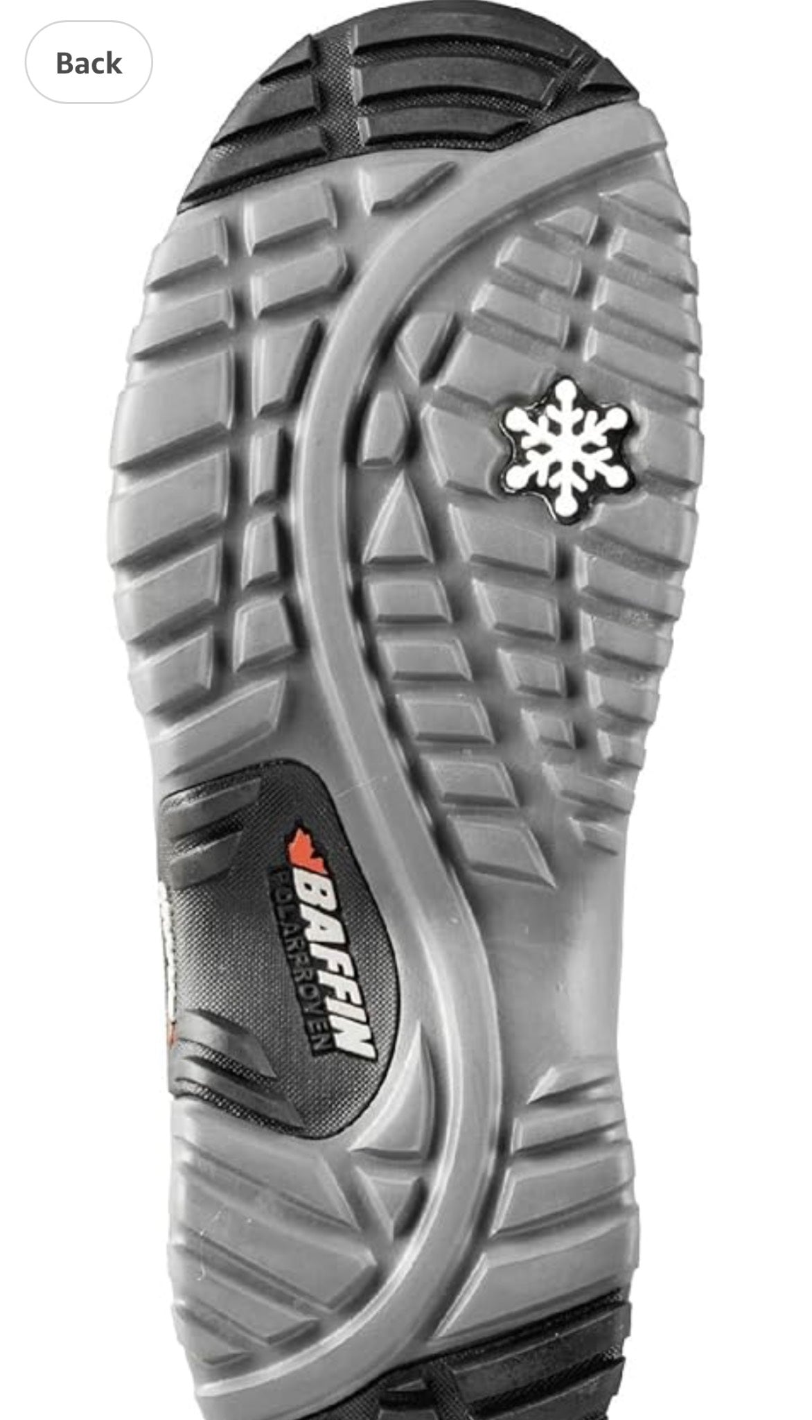 Close-up of a boot sole with a Baffin logo and snowflake symbol on a white background