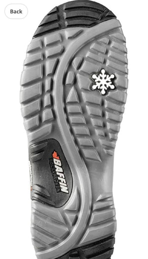 Close-up of a boot sole with a Baffin logo and snowflake symbol on a white background