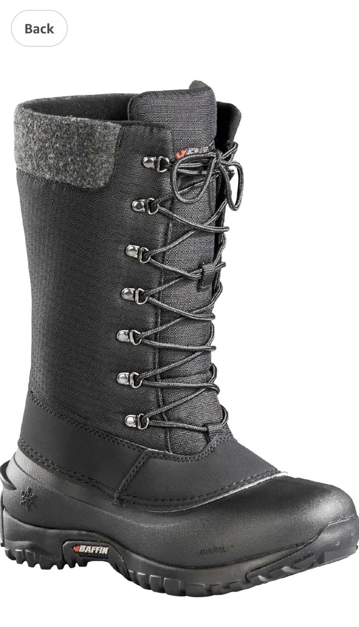 Black winter boot with lace-up design on a white background