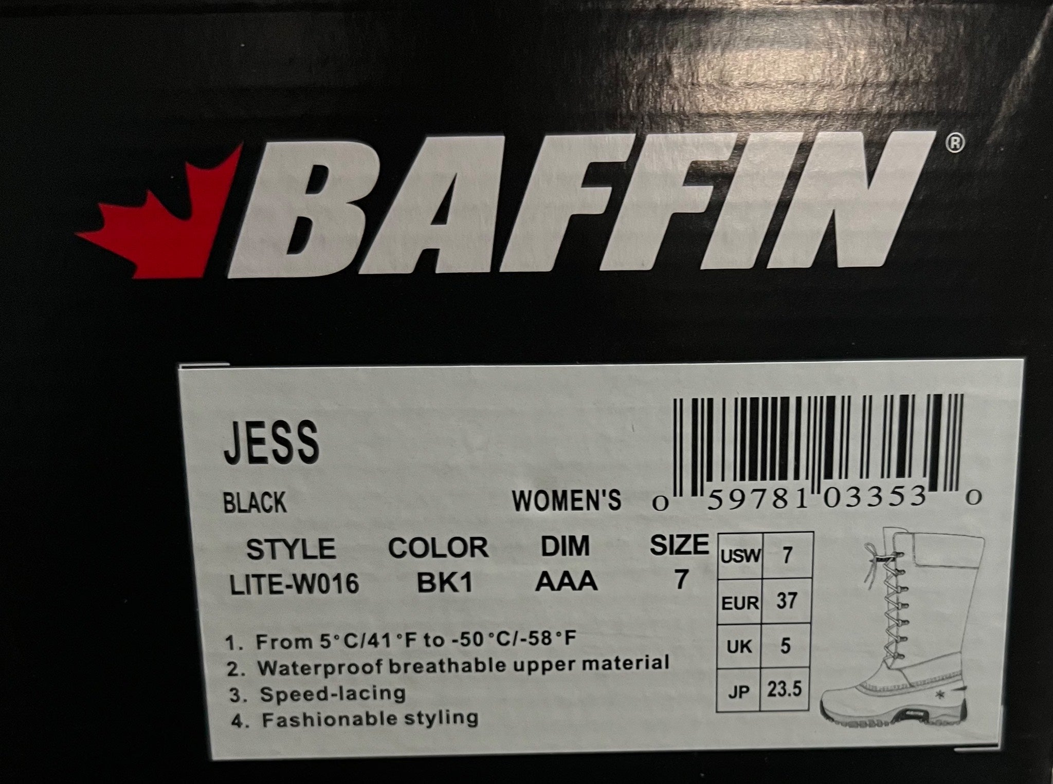 Baffin Jess women's boot label with product details on a black background