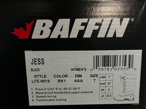 Baffin Jess women's boot label with product details on a black background