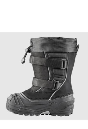 Black winter boot with multiple straps on a light gray background