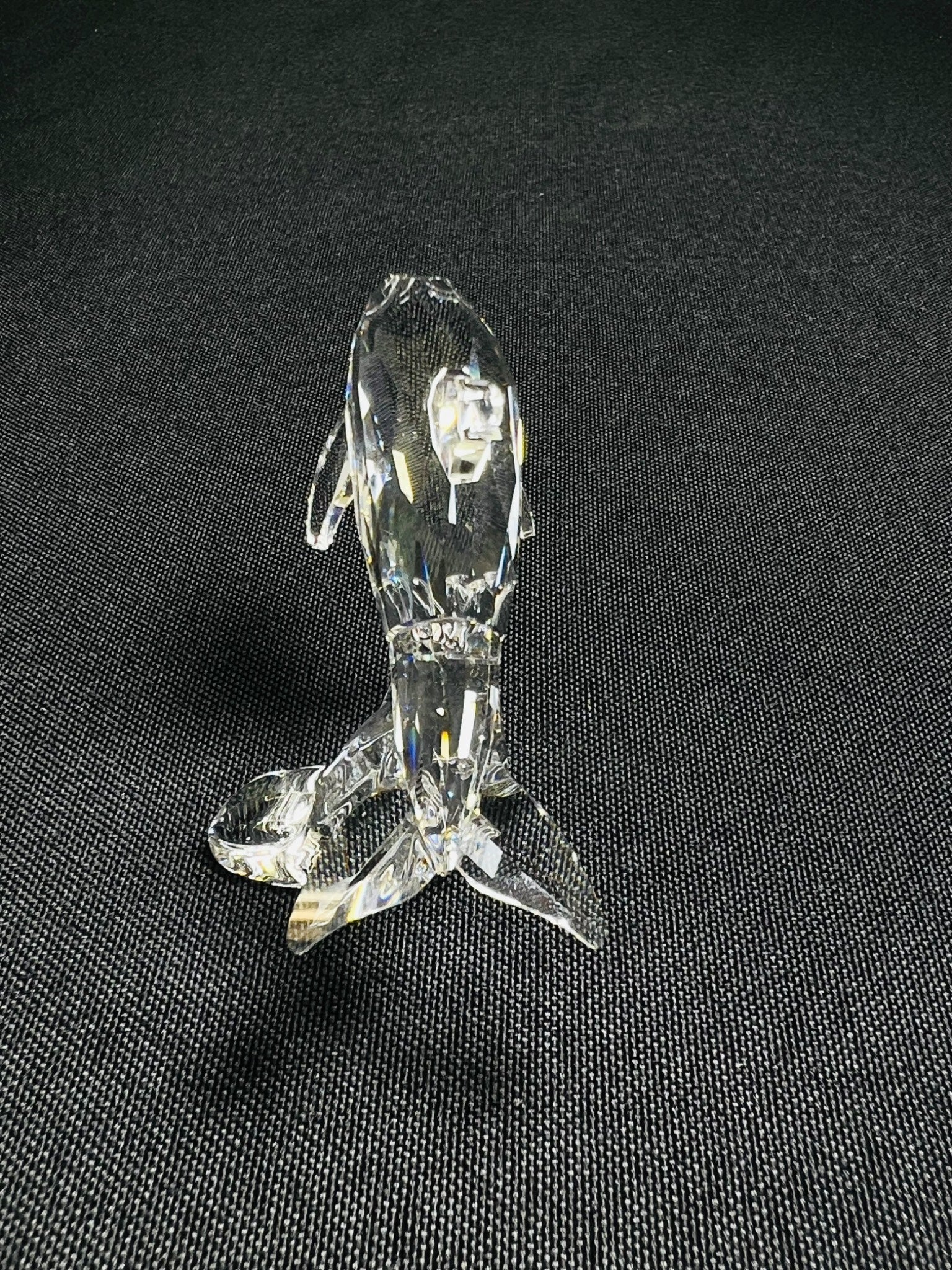 Clear glass figurine of a dog on a black background