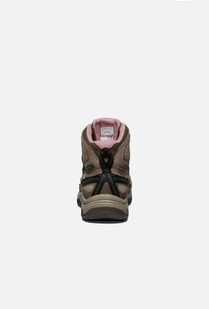 Brown hiking boot with pink lining on a white background