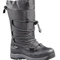 Gray winter boot with multiple straps on a white background