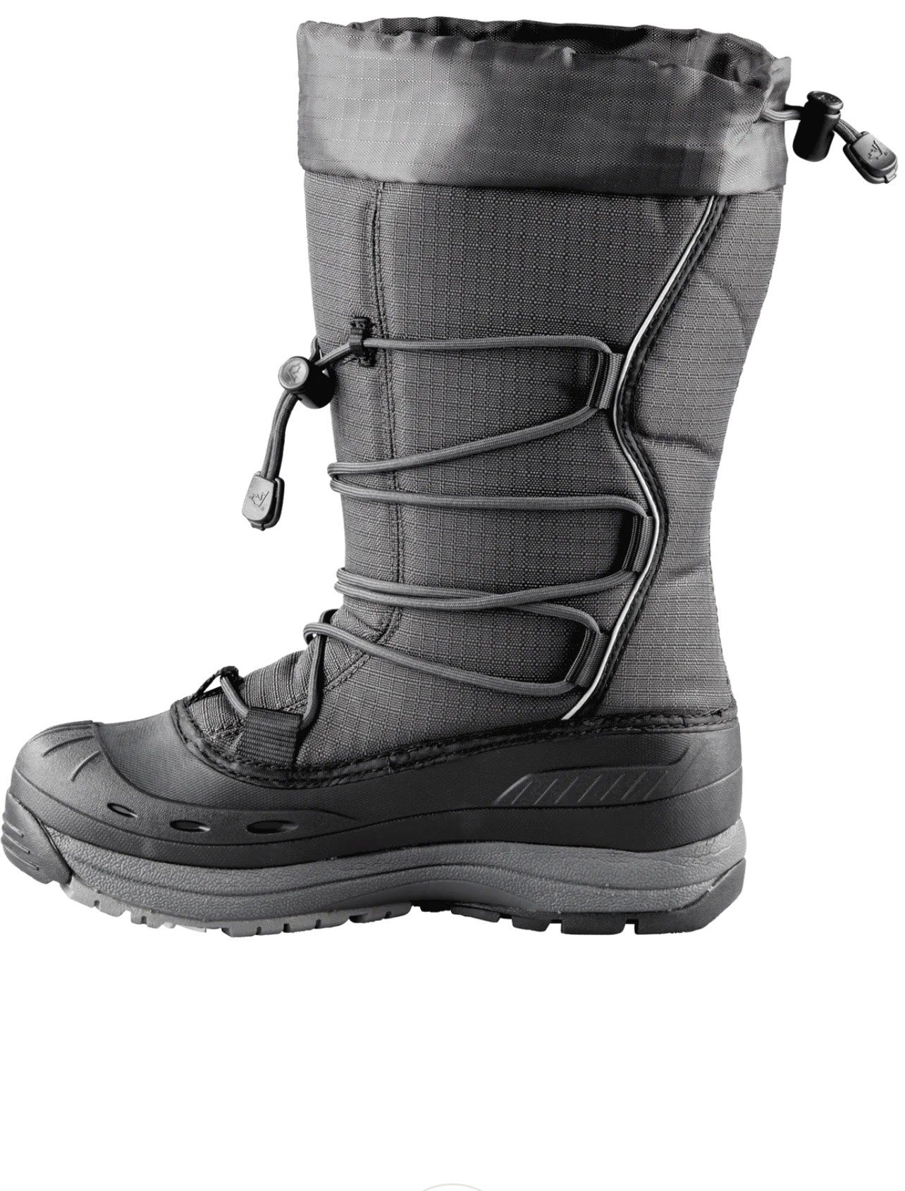 Gray winter boot with a drawstring on a white background