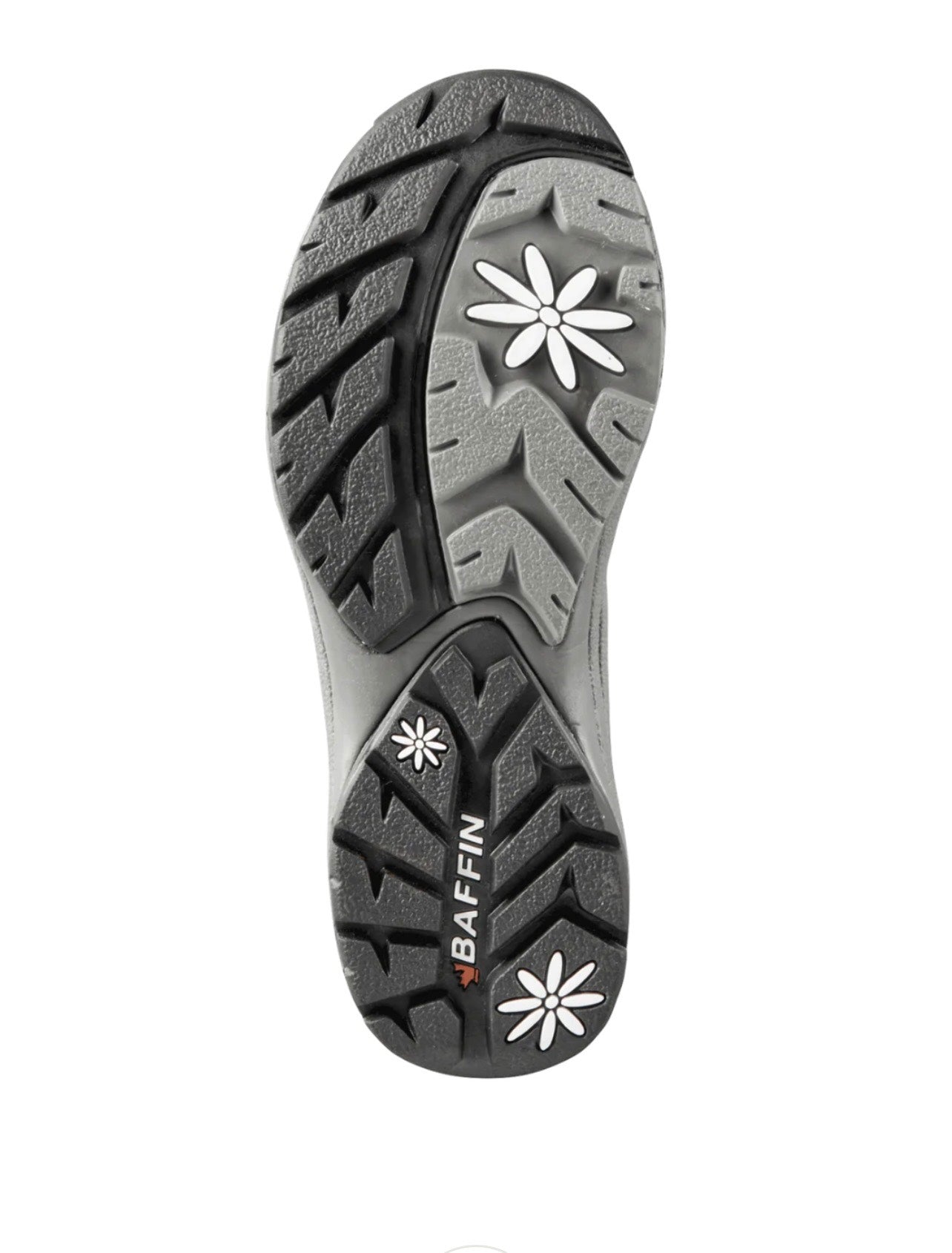 Close-up of a shoe sole with 'Baffin' branding on a white background