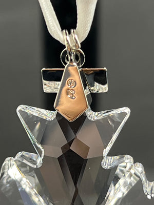 Star-shaped crystal pendant with a gold and silver tag on a dark background