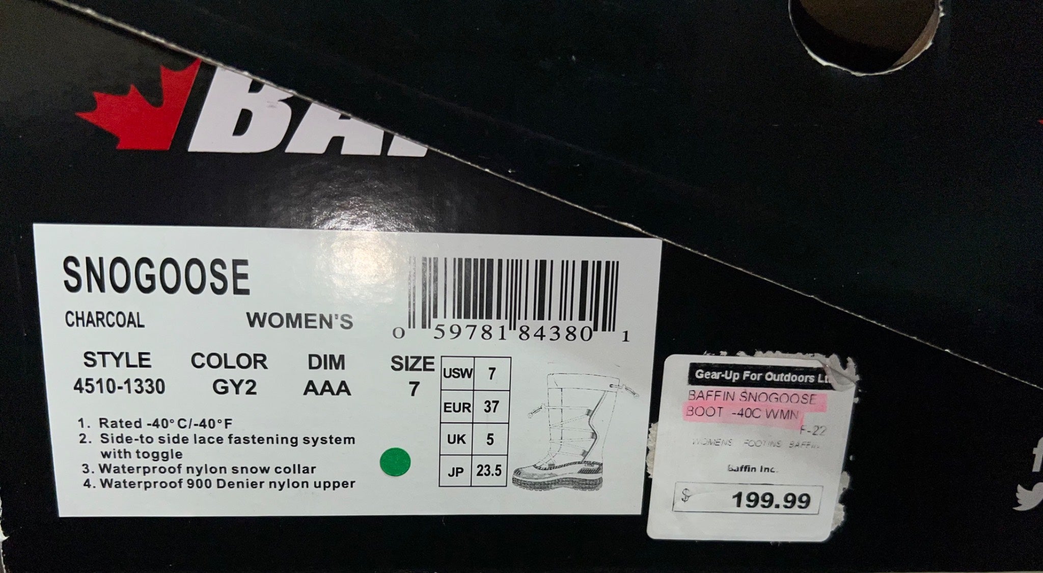 Label on a snow boot packaging with 'SnoGoose' branding and product details.