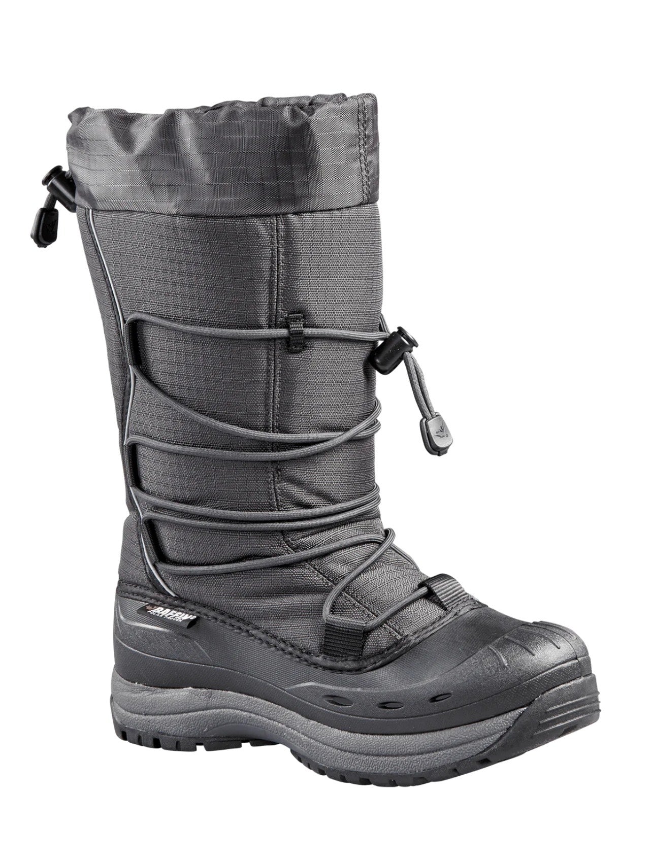 Gray winter boot with multiple straps on a white background