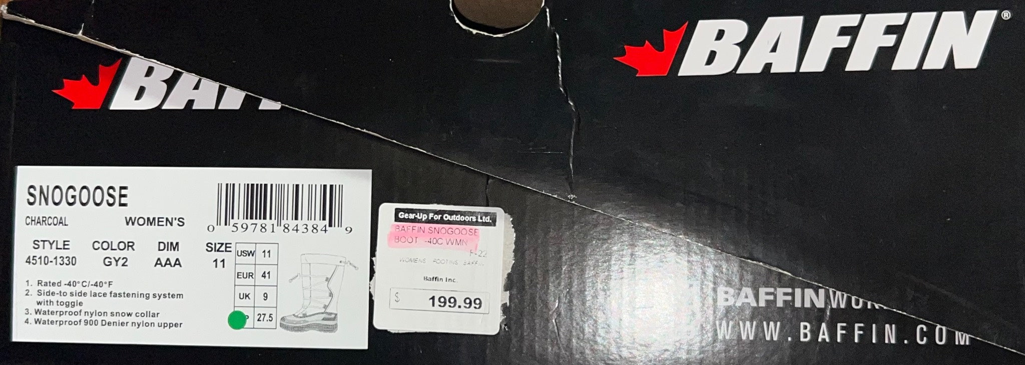 Baffin brand label on a product with visible branding and product details.