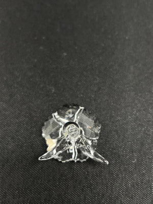 Small metallic insect-shaped object on a dark fabric background