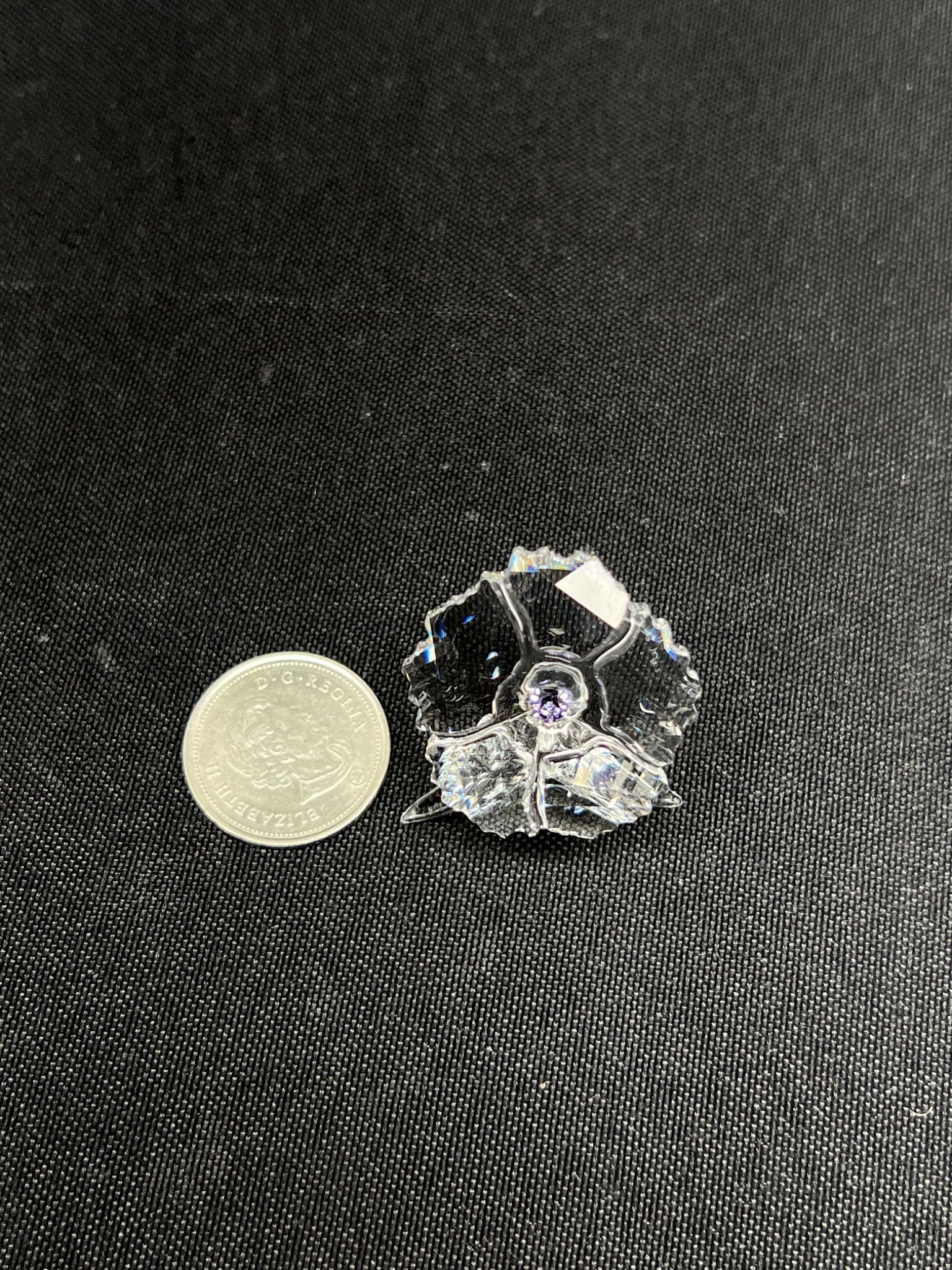 Small decorative item next to a coin on a dark fabric background