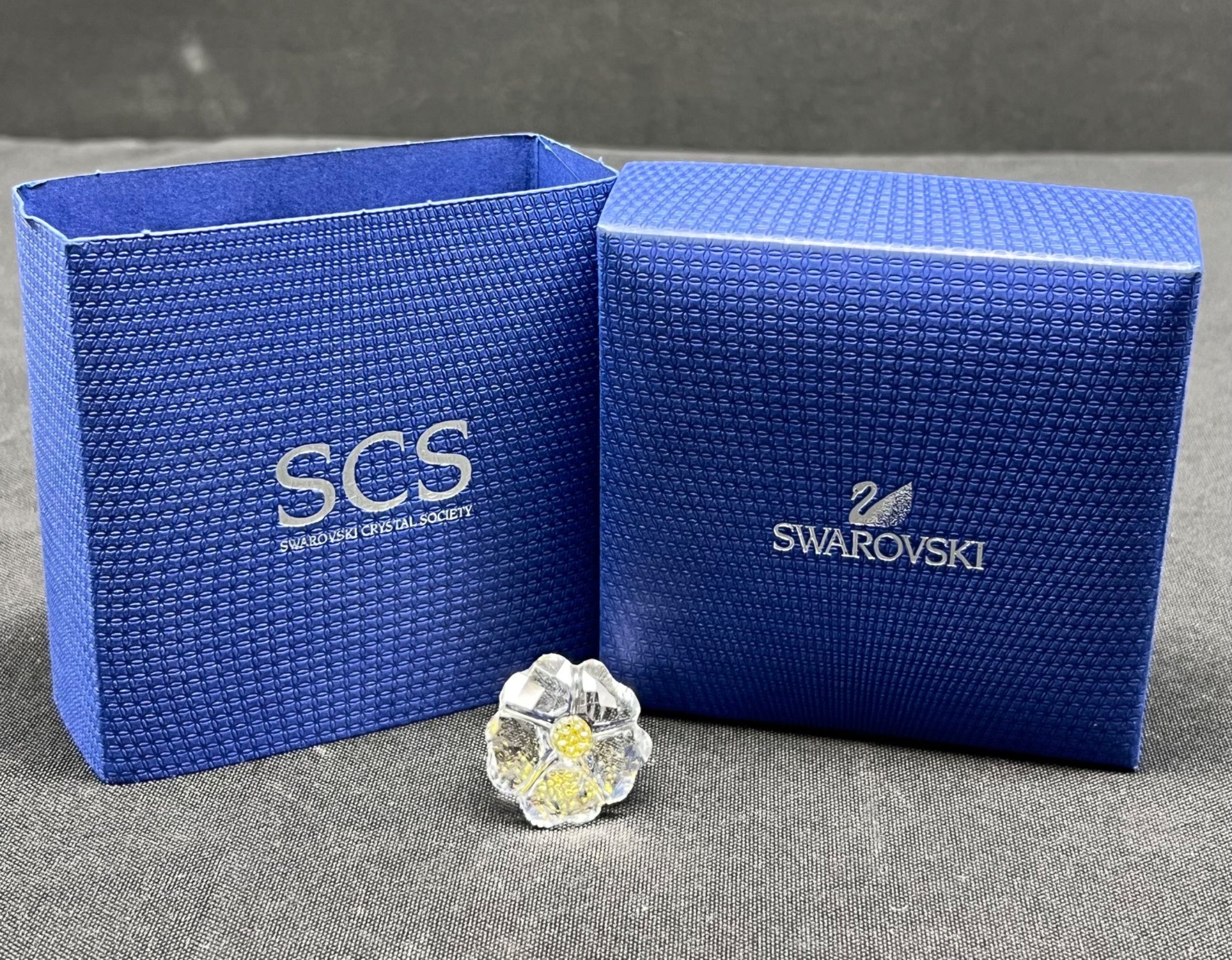 Blue Swarovski jewelry box with a crystal on a gray surface