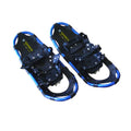 Pair of black and blue snowshoes on a white background