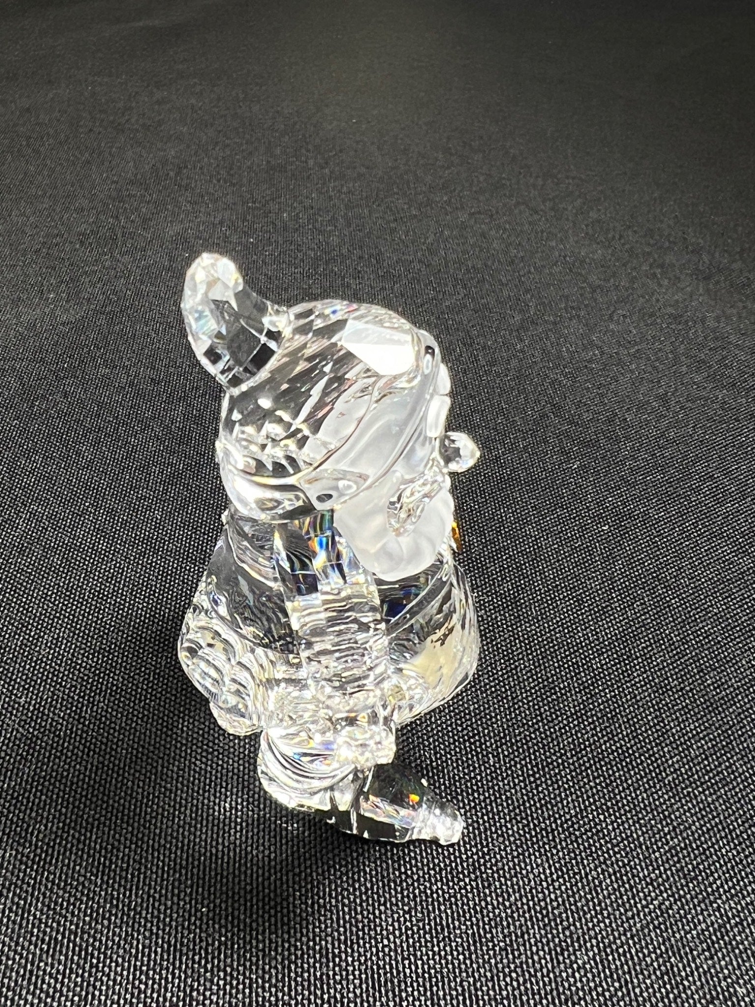 Clear crystal figurine of a dog on a dark gray background