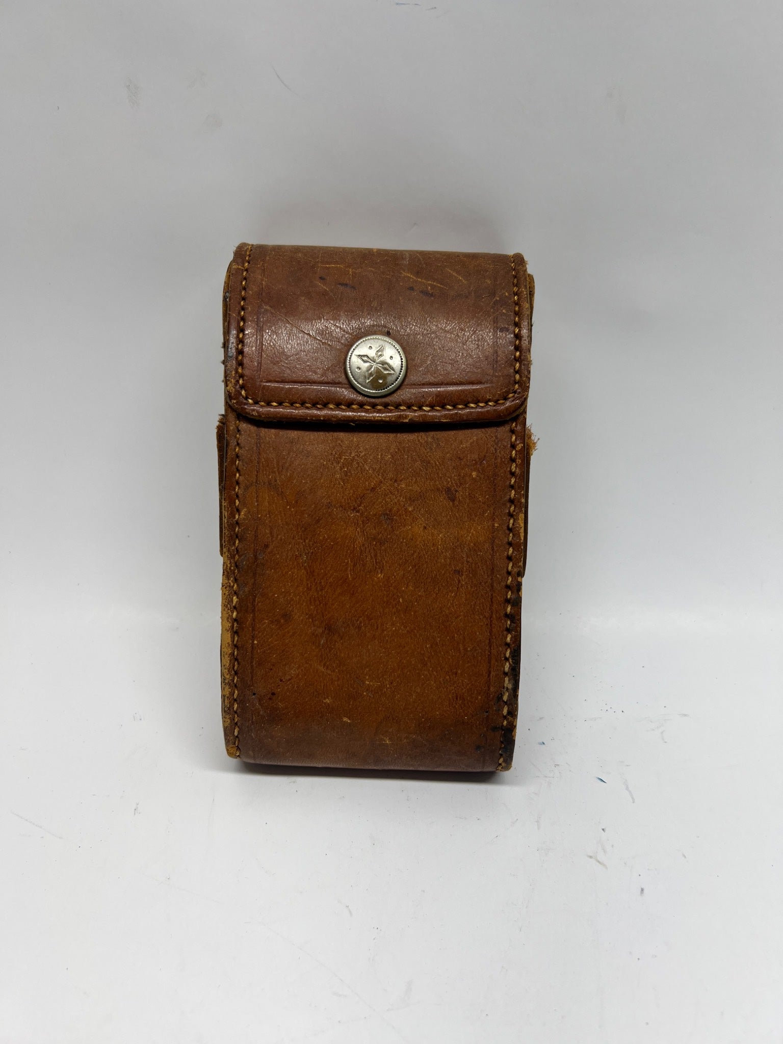 Vintage Brown Leather Camera Case – Star Snap Button – Folding Bellows Pouch