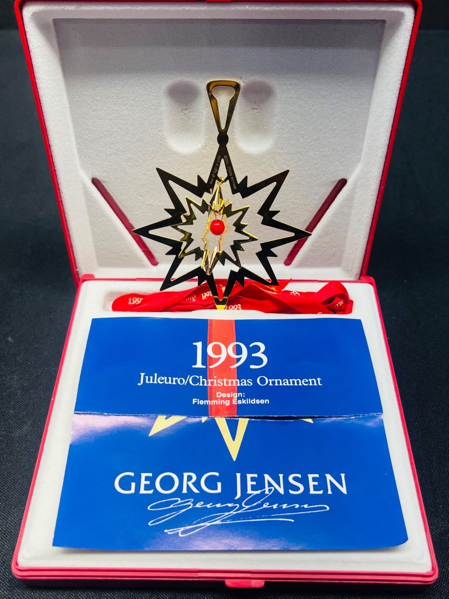 Georg Jensen Christmas ornament in a box with a card indicating the year 1993