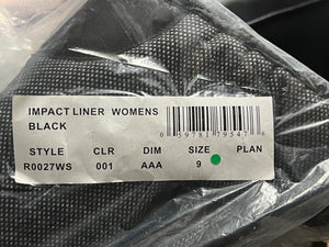 Black impact liner women's product in packaging with a label.