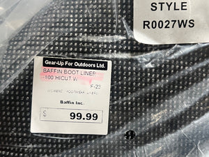 Baffin boot liner packaging with a price tag and brand labels.
