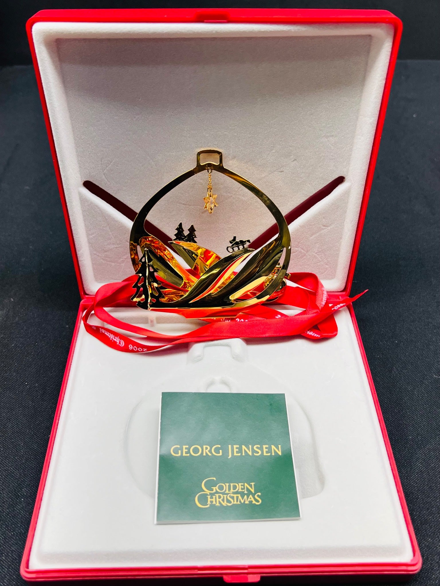 Georg Jensen Christmas ornament in a red and white box with a card.