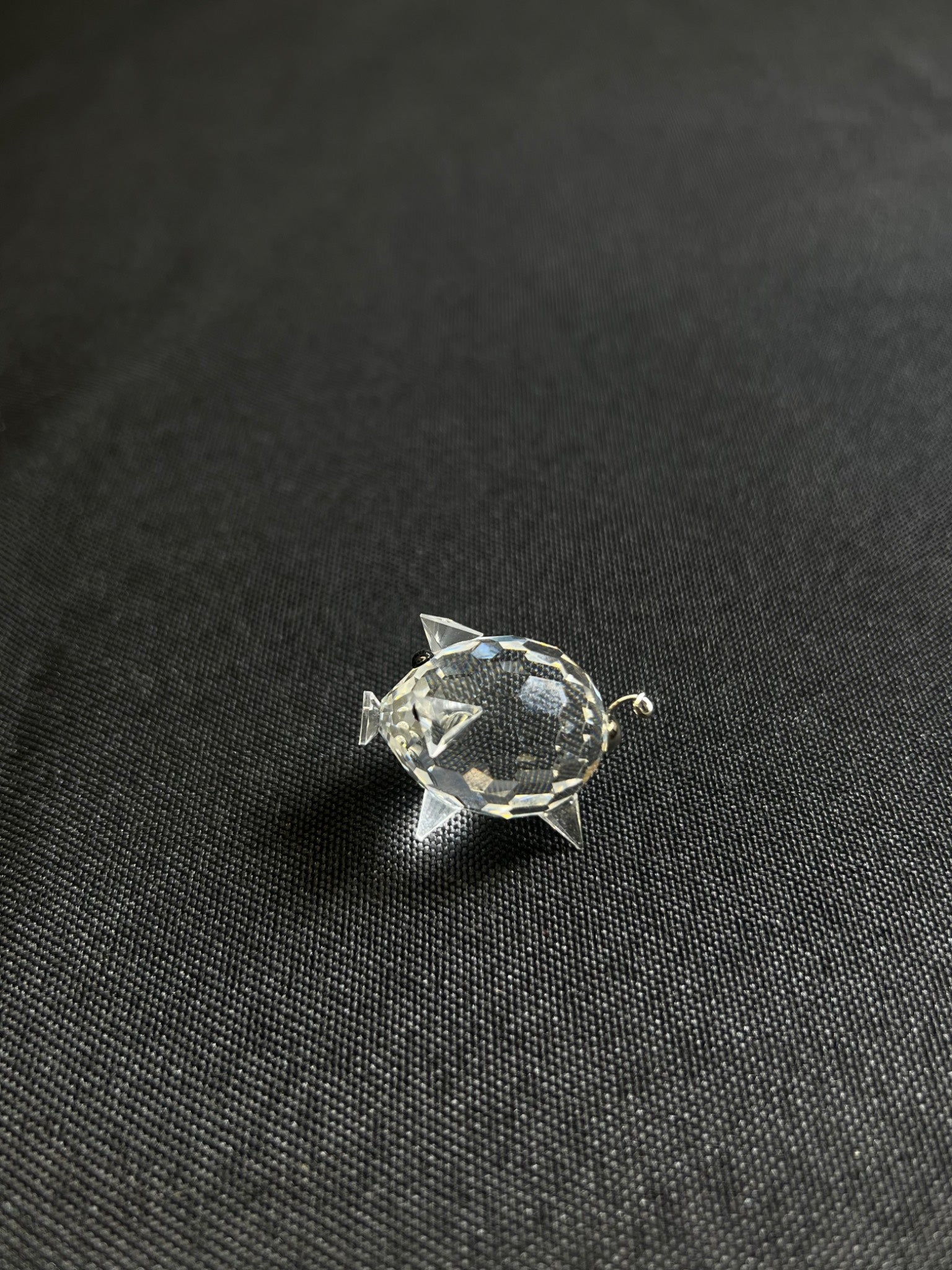 Crystal fish-shaped brooch on a black fabric background