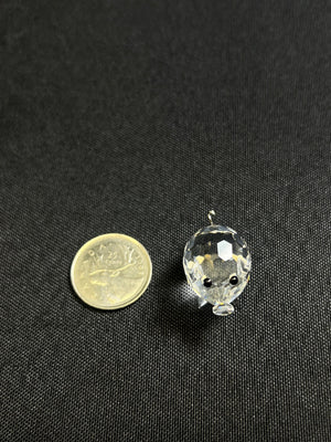 Clear glass pendant with embedded stones next to a coin on a black background