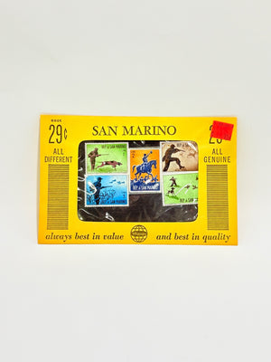 Packaged stamps from San Marino with a yellow border on a white background