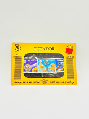 Packaged stamps from Ecuador with a yellow border on a light gray background