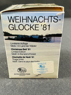 Box of 'Weihnachts-Glocke '81' Christmas bell with winter scene and text on a gray background