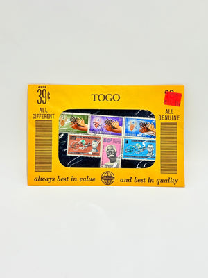 Packaged stamps from Togo with a yellow border on a white background