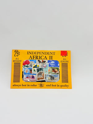 Collection of stamps on a yellow card with 'Independent Africa II' text on a gray background