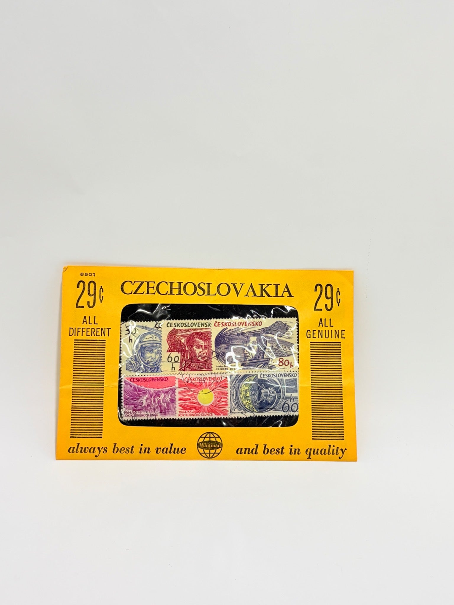 Stamps from Czechoslovakia in a collection box with yellow border and text.