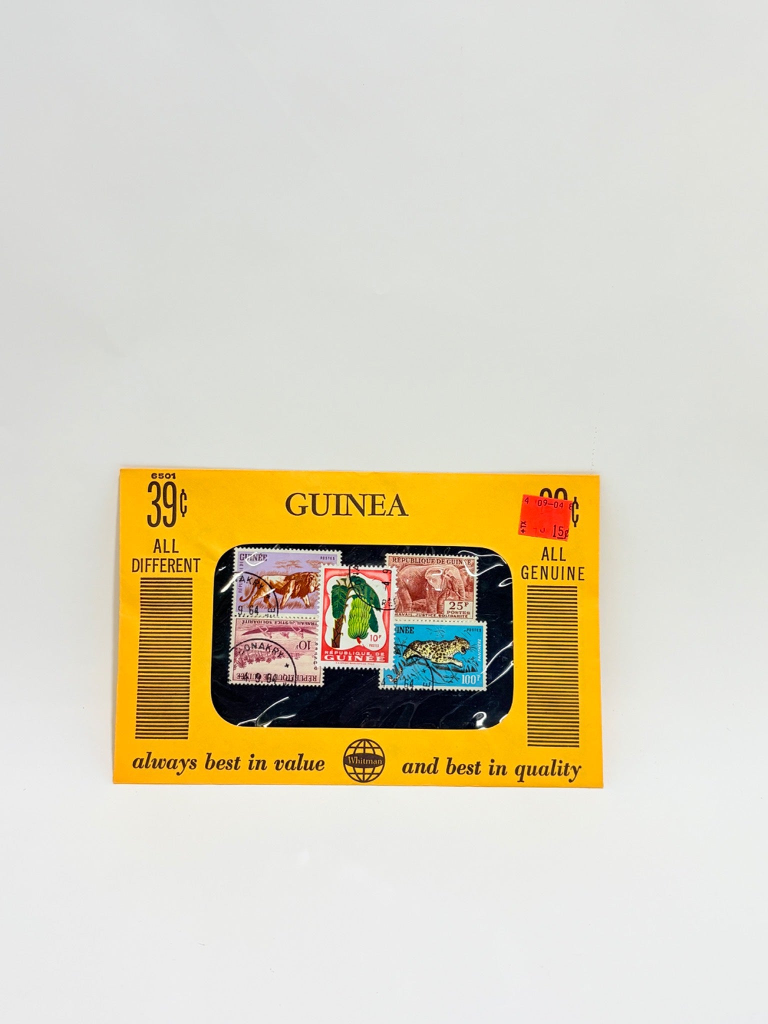 Stamps from Guinea in a collection box with yellow border and text.