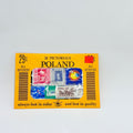 Pack of Polish stamps with colorful designs on a yellow background