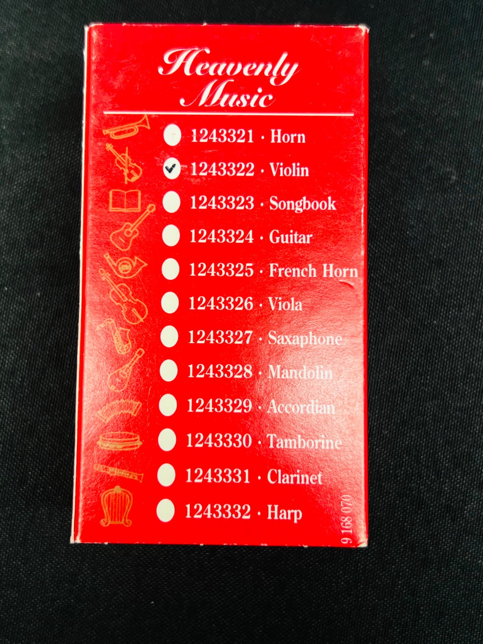 Red box with musical instrument listings on a black background