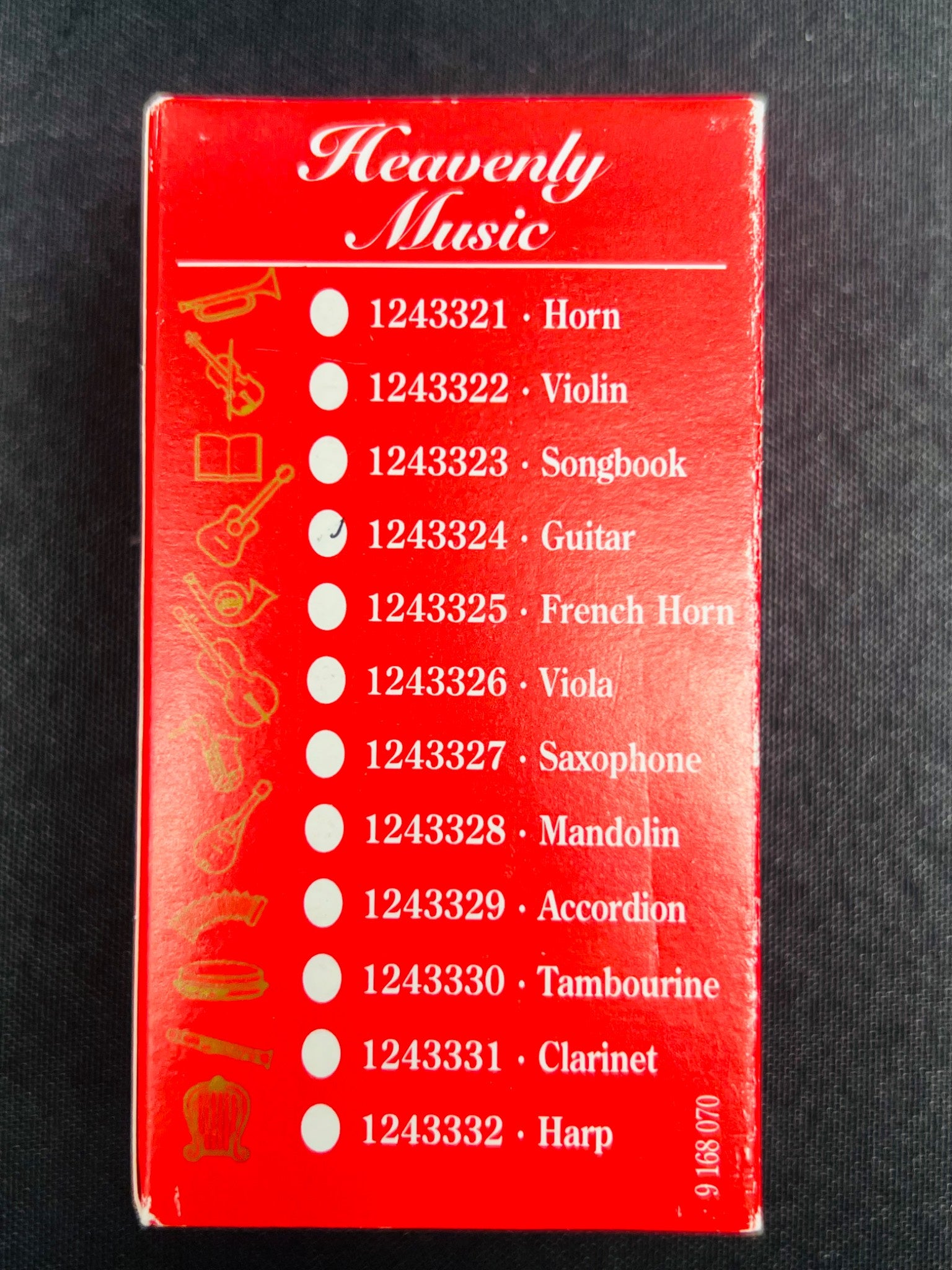 Red box labeled 'Heavenly Music' with musical instrument names and numbers on a black background
