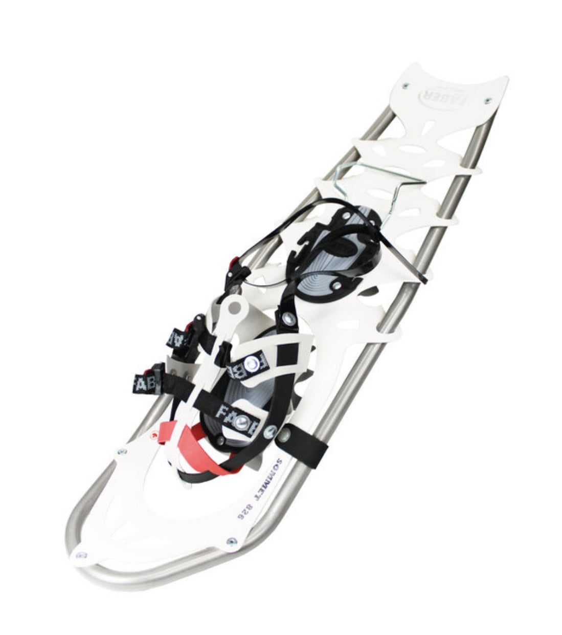 White snowshoe with black straps on a white background