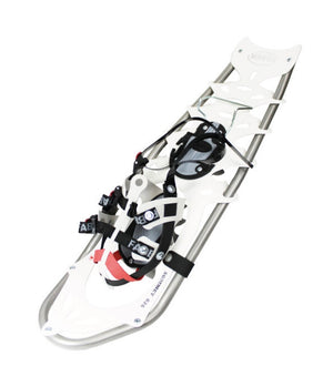 White snowshoe with black straps on a white background