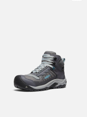 Gray hiking boot with KEEN logo on a white background