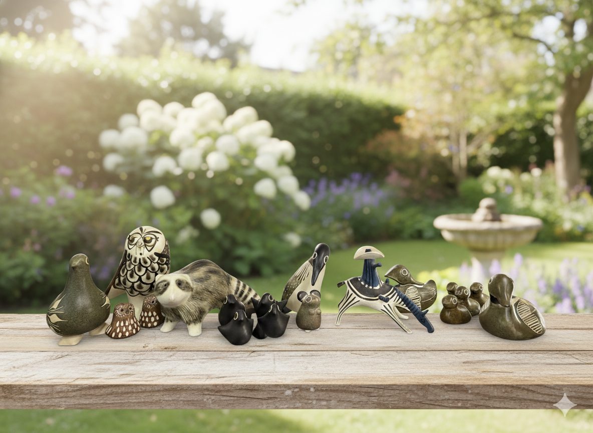 Collection of ceramic animal figurines on a wooden surface with a garden background