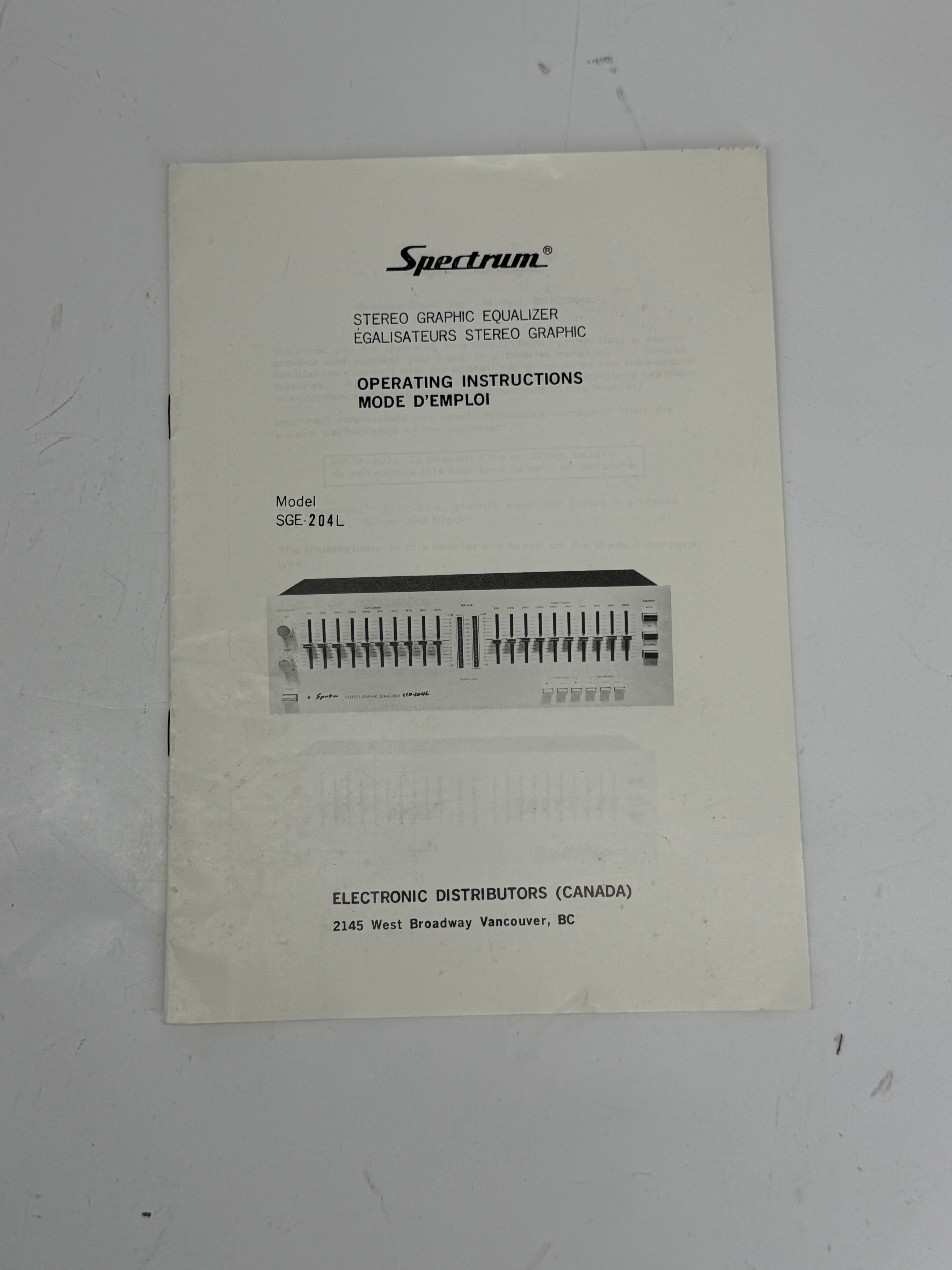Original Spectrum SGE-204L Stereo Graphic Equalizer Operating Instructions