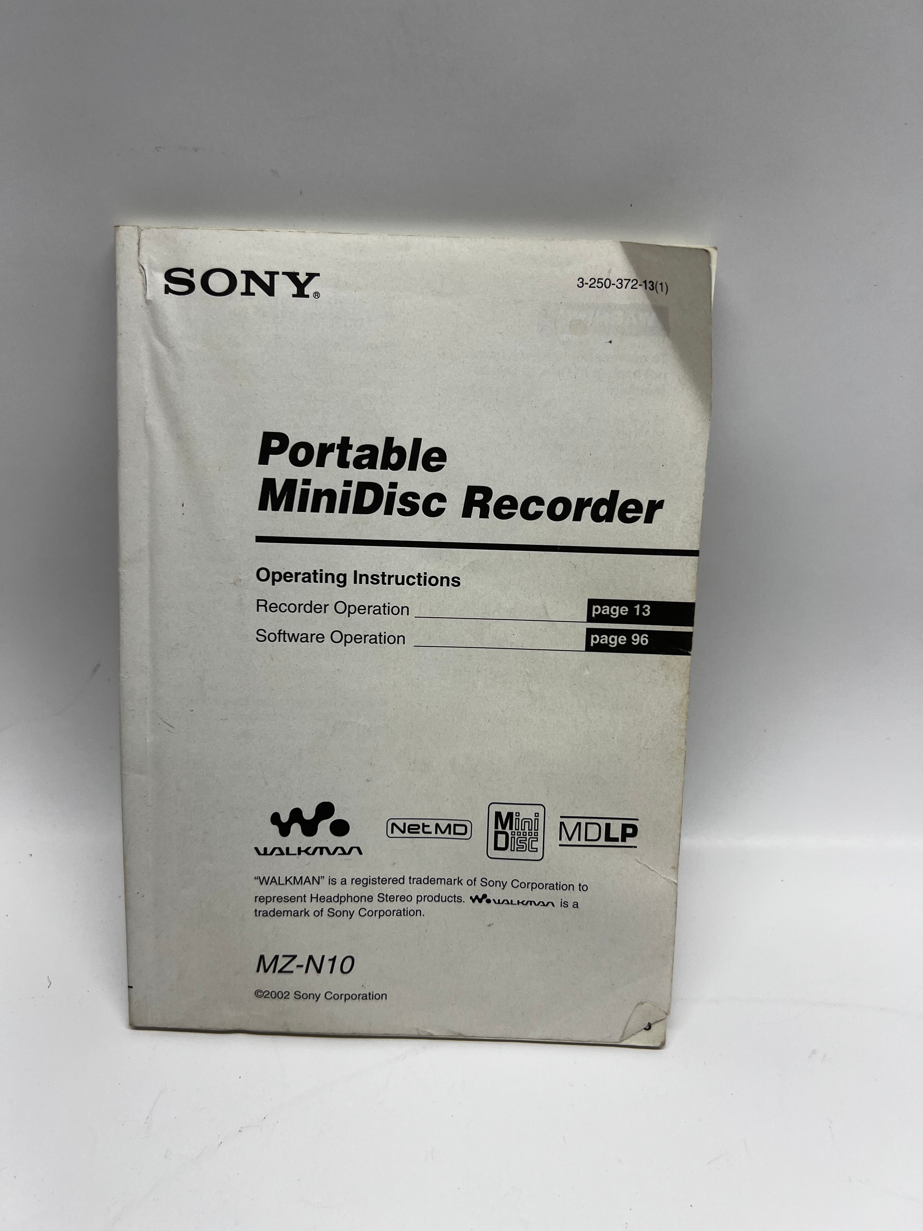 Sony MZ-N10 Walkman Net MD MiniDisc Recorder Operating Instructions Manual