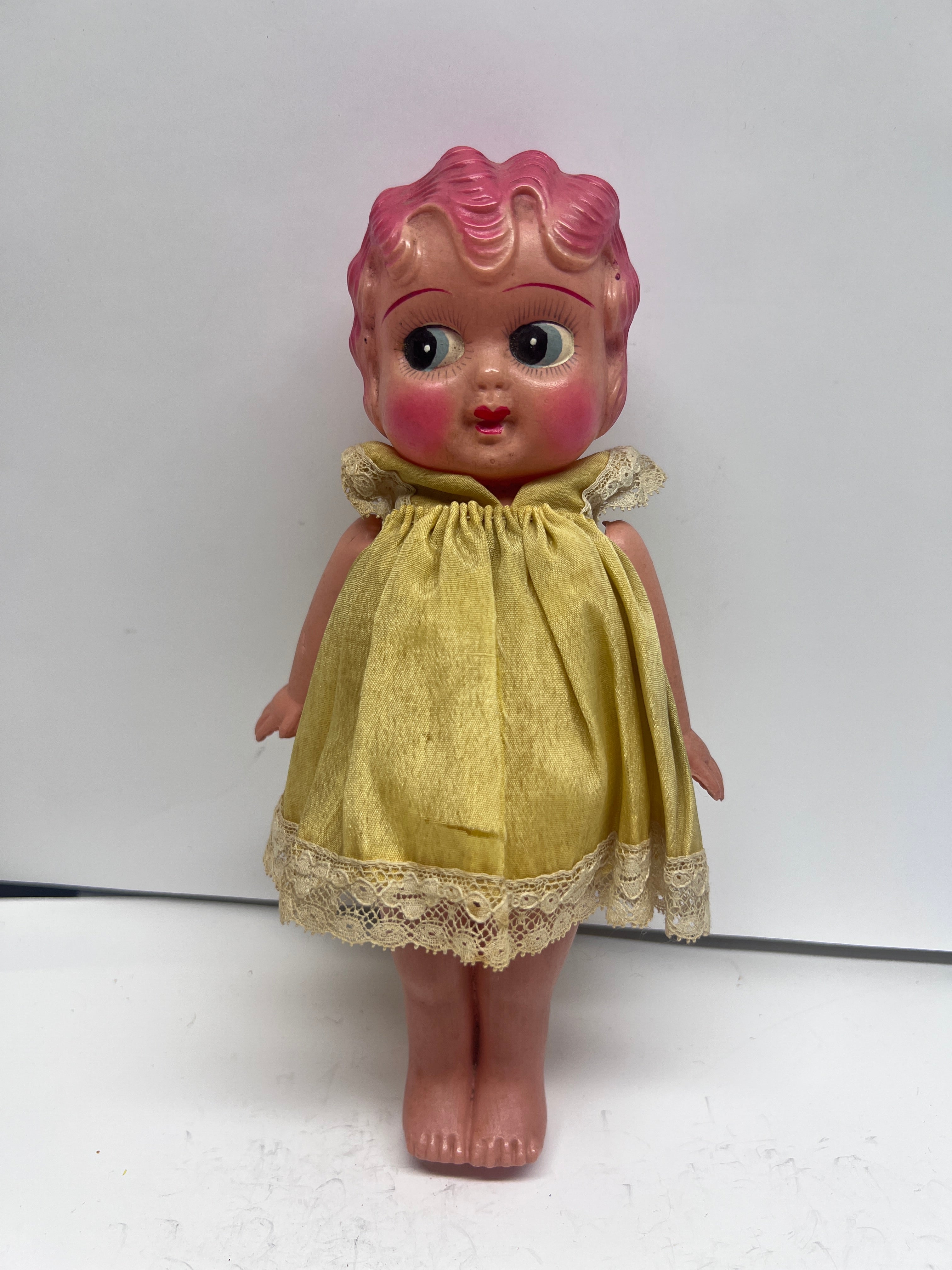 Vintage 1950s Sun Rubber Co. Doll - Pink Molded Hair - Yellow Lace Dress