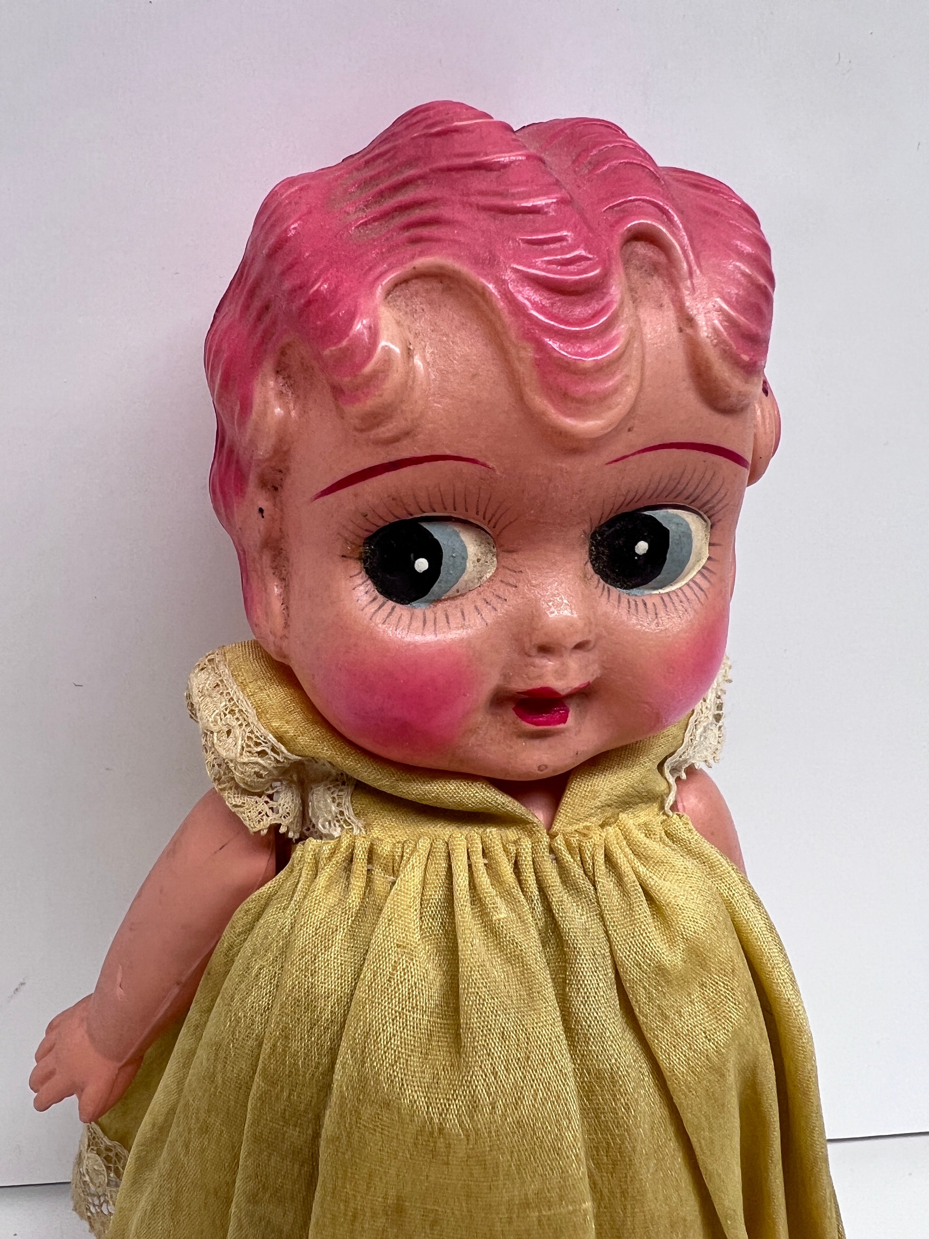 Vintage 1950s Sun Rubber Co. Doll - Pink Molded Hair - Yellow Lace Dress