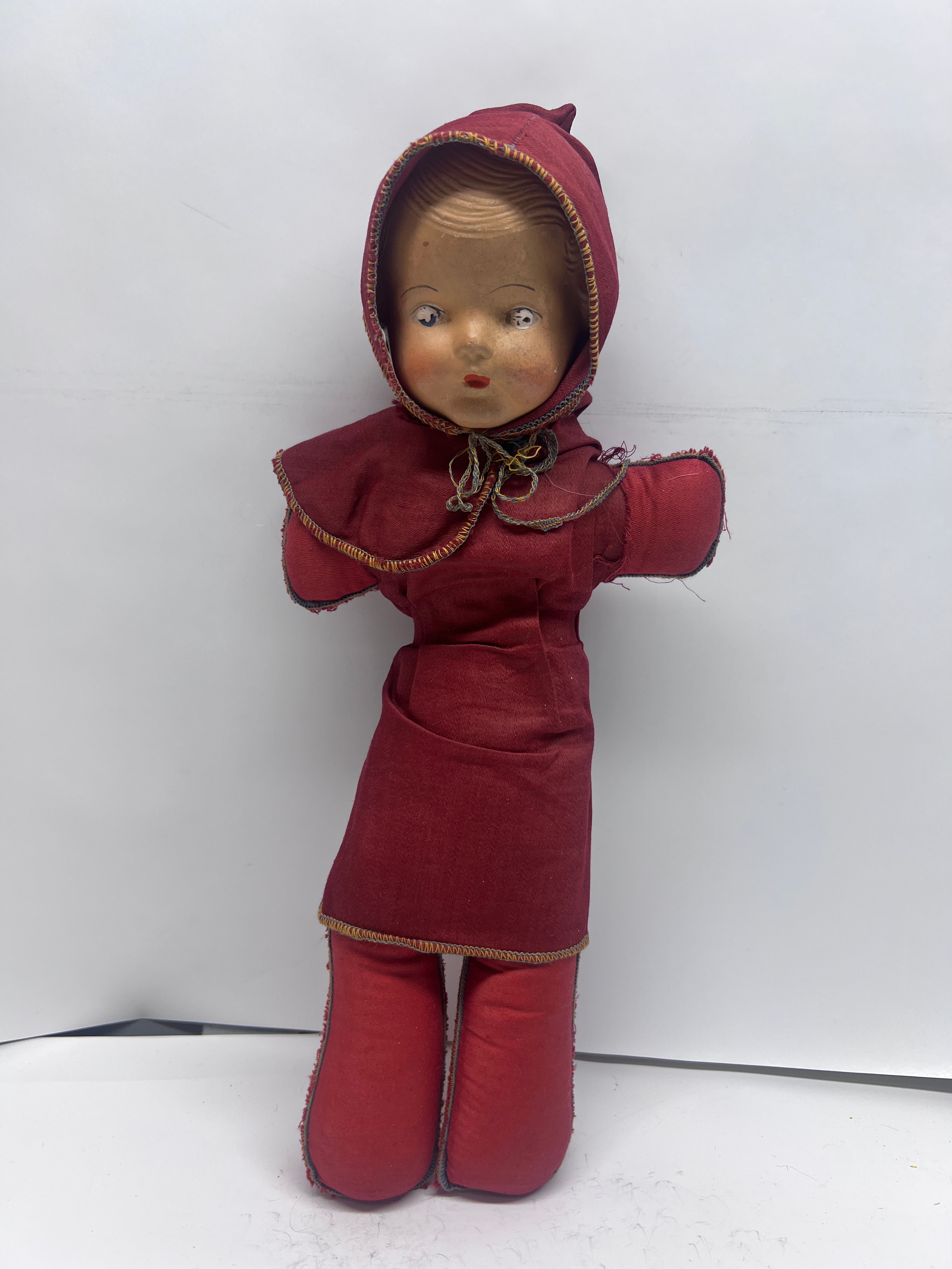 Mid-Century Mask-Face Doll - Hooded Red Outfit - 1940s/50s